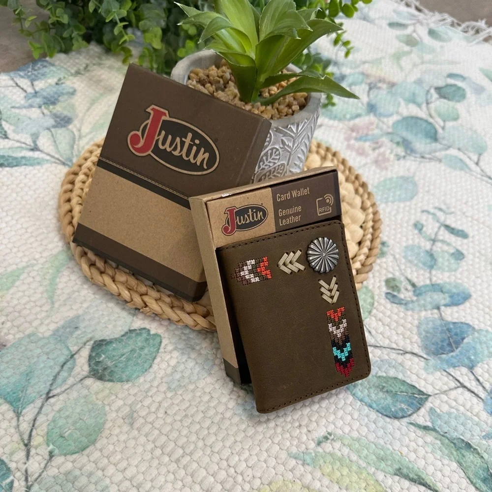 New Justin Boots Genuine Leather Card Wallet Tribal Western Colorful Embroidery